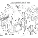 Takeuchi TB145 exploded view of engine, radiator, cooling system components, and mounting brackets with parts list.