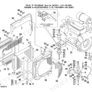 Takeuchi TB145 exploded view of engine, radiator, cooling system components, and mounting brackets with parts list.