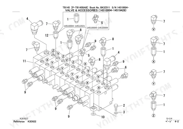 Takeuchi TB145 exploded view diagram of hydraulic control valve and accessories with numbered component parts list.
