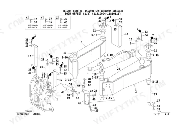 Takeuchi TB15FR exploded view diagram of boom offset components, pins, bushings, and hydraulic cylinder assembly.