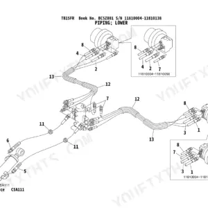 Takeuchi TB15FR exploded view of the lower hydraulic piping, showing hose routing, fittings and clamp positions.