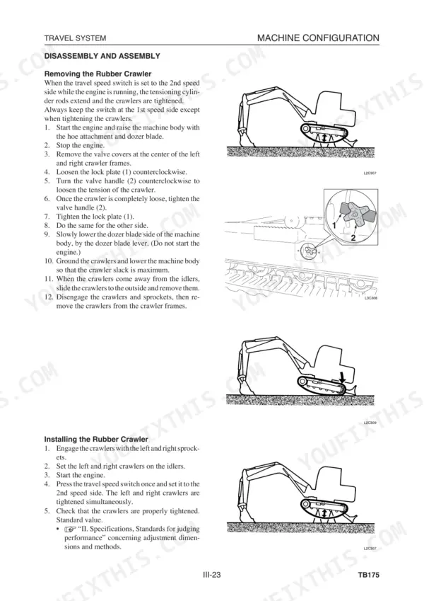 Takeuchi TB175, TB175 Compact Excavator, YDP-MP2, YDP-MP4: Procedures for removing and installing rubber crawlers.