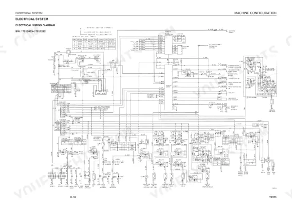 Takeuchi TB175, TB175 Compact Excavator, YDP-MP2, YDP-MP4 electrical wiring diagram with wire color code table.