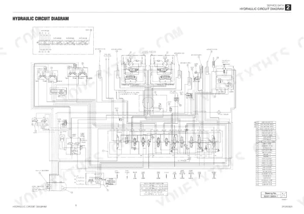 Takeuchi TB215R hydraulic circuit diagram showing pumps, control valves, cylinders, and relief pressure specifications.