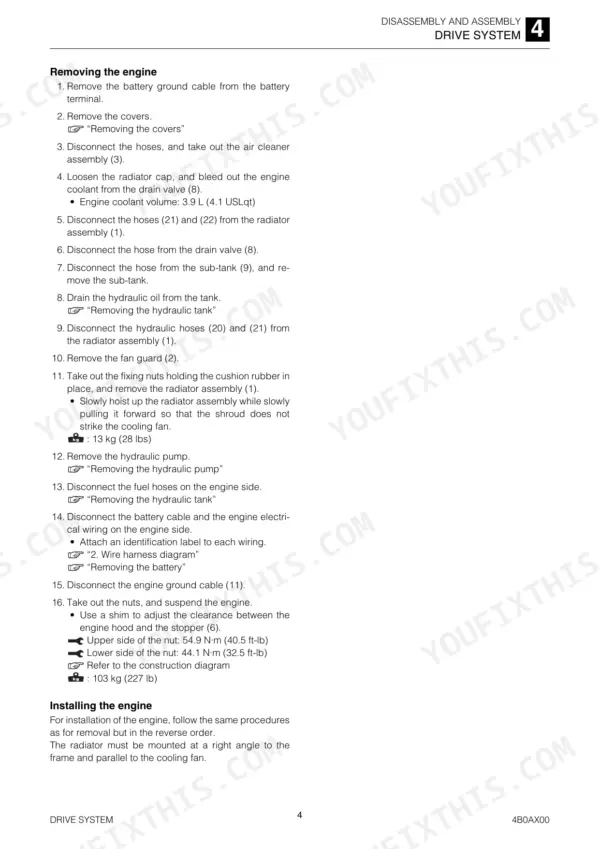 Takeuchi TB215R service manual page detailing step-by-step engine removal and installation procedures for the drive system.
