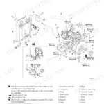 Takeuchi TB216, MINI EXCAVATOR exploded view of engine drive system, radiator, and coupling assembly with torque specs.