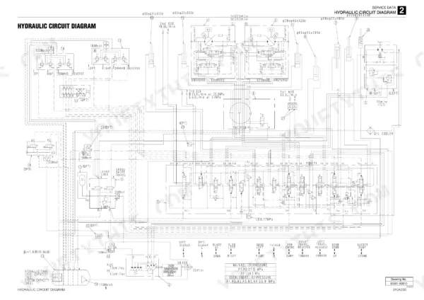 Takeuchi TB216, MINI EXCAVATOR hydraulic circuit diagram showing pumps, control valves, relief pressure, and oil cooler.