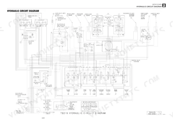 Takeuchi TB219 hydraulic circuit diagram showing KVSE36B control valve and pump specifications.