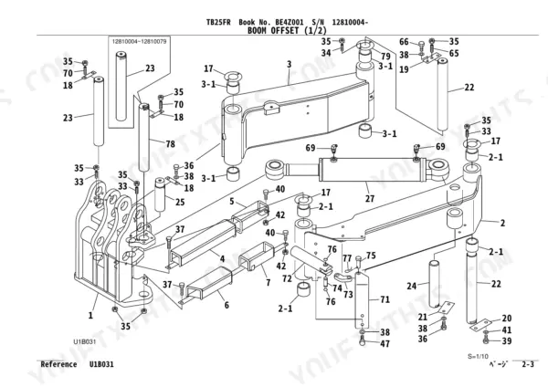 Takeuchi TB25FR exploded view diagram of boom offset components, pins, bushings, and hydraulic cylinder assembly.