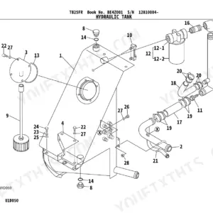 Takeuchi TB25FR hydraulic tank exploded view showing tank, filter, hoses, and mounting hardware components.