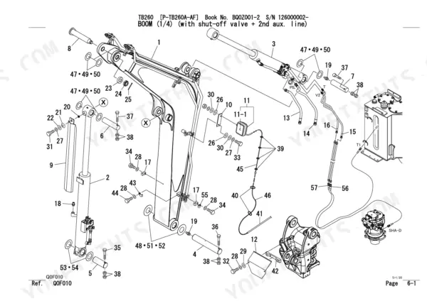 Takeuchi TB260 exploded view of boom assembly with shut-off valve and 2nd auxiliary hydraulic lines.