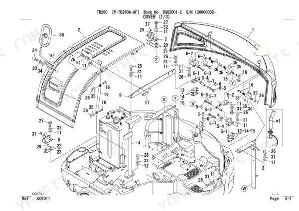 Takeuchi TB260 exploded view diagram of the engine cover assembly, including hinges, struts, and mounting hardware.