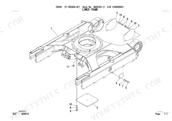 Takeuchi TB260 exploded view diagram of the lower frame assembly, showing cover plates, bolts, and washers.