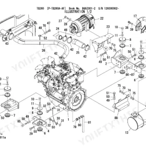 Takeuchi TB260 exploded view of engine mounting, air cleaner, and exhaust muffler system components.
