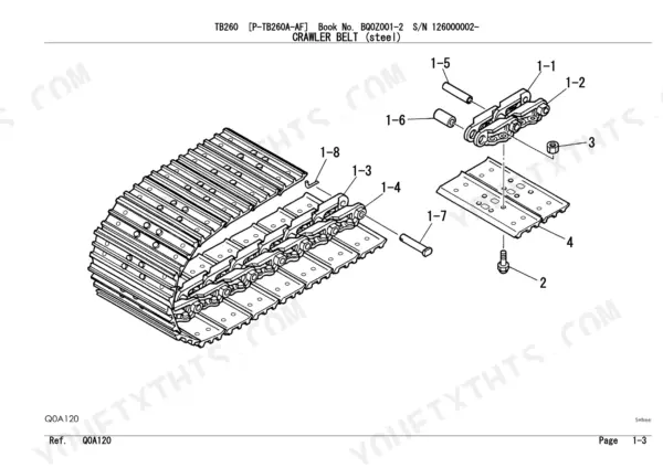 Takeuchi TB260 exploded view diagram of steel crawler belt assembly, showing track links, pins, bushings, and shoe bolts.