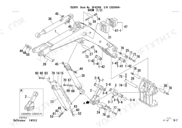 Takeuchi TB28FR exploded view diagram of boom assembly components, pins, bushings, and hydraulic cylinders.