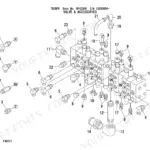 Takeuchi TB28FR exploded view diagram of the main control valve and hydraulic accessories with numbered parts list.