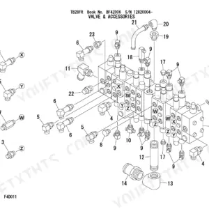 Takeuchi TB28FR exploded view diagram of the main control valve and hydraulic accessories with numbered parts list.