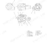 Takeuchi TB53FR, RHB31, RHB51, 3TNE84T... Hydraulic pump construction diagram showing shaft, swash plate, and piston components.