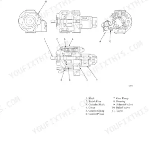Takeuchi TB53FR, RHB31, RHB51, 3TNE84T... Hydraulic pump construction diagram showing shaft, swash plate, and piston components.