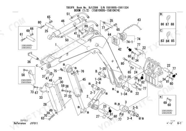Takeuchi TB53FR exploded view diagram of boom assembly, including hydraulic cylinders, pins, bushings, and mounting hardware.