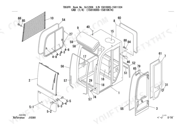 Takeuchi TB53FR exploded view diagram of cab assembly components including door, window, and frame parts.