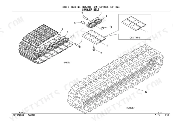Takeuchi TB53FR exploded view diagram of crawler belt components, showing steel track assembly and rubber track options.