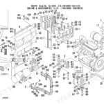 Takeuchi TB53FR exploded view of engine and accessories, including engine mounts, exhaust components, and heat shielding.