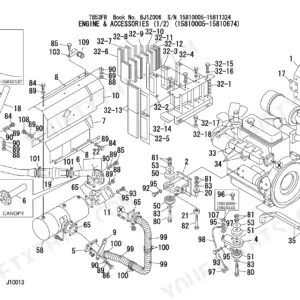 Takeuchi TB53FR exploded view of engine and accessories, including engine mounts, exhaust components, and heat shielding.