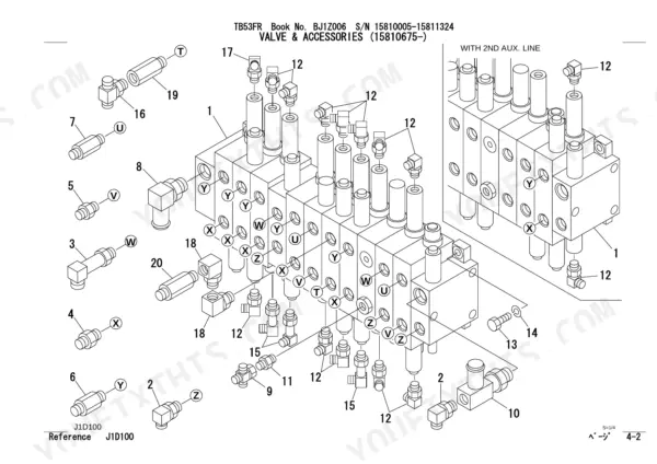 Takeuchi TB53FR exploded view of hydraulic control valve and accessories with 2nd auxiliary line components.