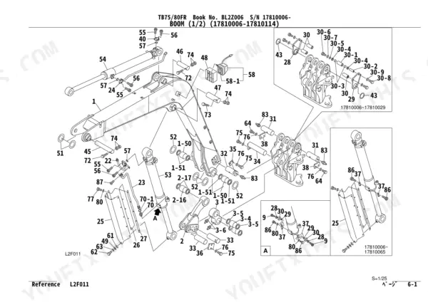 Takeuchi TB75FR, TB80FR exploded view diagram of boom assembly components, pins, bushings, and hydraulic cylinders.