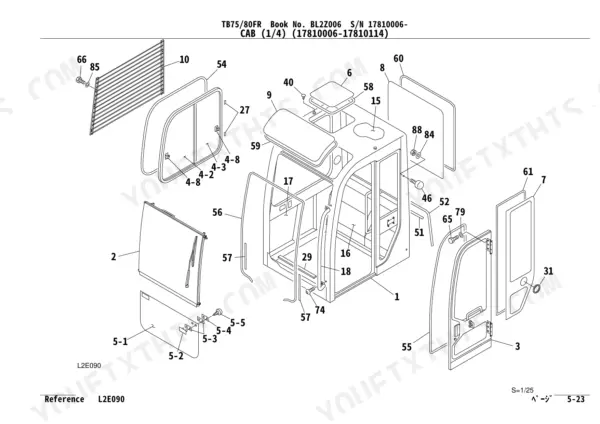 Takeuchi TB75FR, TB80FR exploded view diagram of cab assembly parts including glass, seals, and door components.