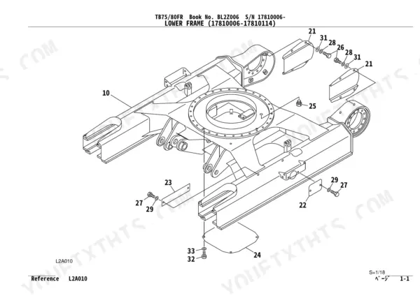 Takeuchi TB75FR, TB80FR exploded view diagram of the lower frame assembly and mounting hardware components.