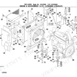 Takeuchi TB75FR, TB80FR exploded view of engine cooling system, radiator, fan shroud, and engine mounting components.