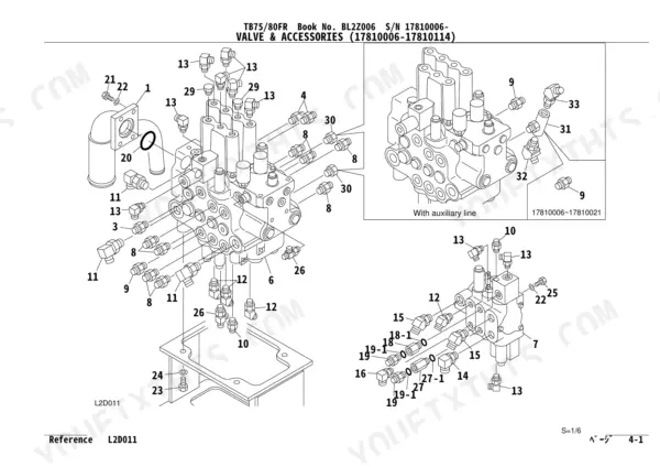 Takeuchi TB75FR, TB80FR exploded view of hydraulic control valve assembly, fittings, and accessories.