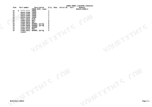 Takeuchi TB75FR, TB80FR parts list for lower frame assembly, including covers, bolts, and washers.