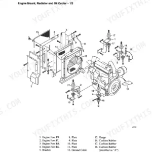 Takeuchi TB80FR, 4TNE94.98, 4TNE106 (T), 4TNE94, 4TNE98, 4TNE106 exploded view of engine mount, radiator, and oil cooler assembly.