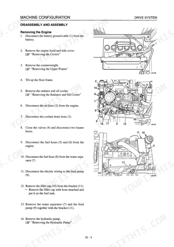Takeuchi TB80FR, 4TNE94.98, 4TNE106 (T), 4TNE94, 4TNE98, 4TNE106 engine removal procedure and component diagrams.
