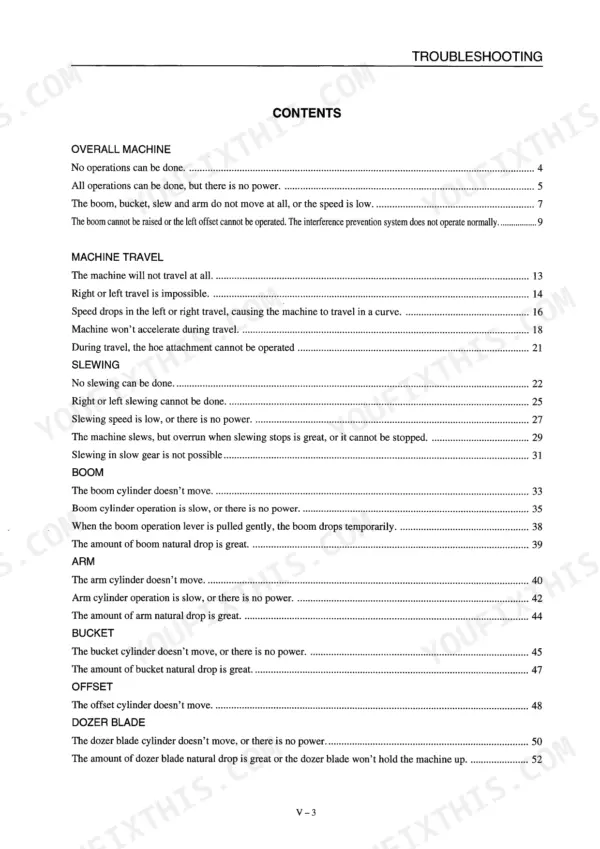 Takeuchi TB80FR, 4TNE94.98, 4TNE106 (T), 4TNE94, 4TNE98, 4TNE106 troubleshooting contents list for machine systems.