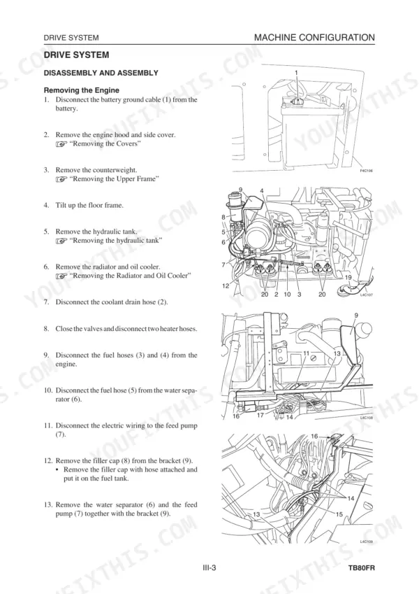 Takeuchi TB80FR, 4TNE94-98, 4TNE106 (T) engine removal procedure steps and component diagrams for battery and fuel lines.