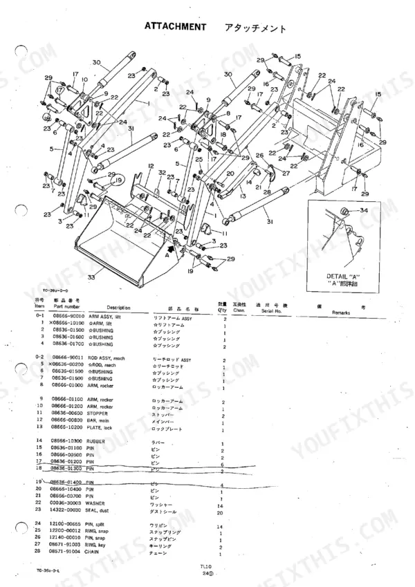 Takeuchi TL10 exploded view diagram and parts list for the loader attachment, lift arms, and bucket assembly components.