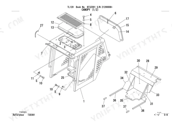 Takeuchi TL120 exploded view diagram of the canopy assembly, including roof, window, and interior mounting components.