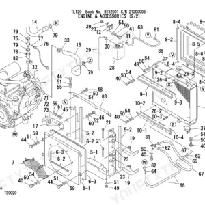 Takeuchi TL120 exploded view diagram of engine cooling system, radiator, fan shroud, and associated hoses and hardware.