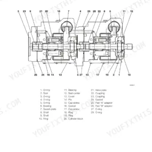 Takeuchi TL120, HST pump assembly exploded view diagram with numbered parts list.