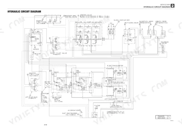 Takeuchi TL120 hydraulic circuit diagram showing pumps, control valves, and motors.