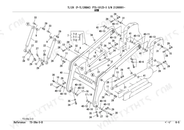 Takeuchi TL126 exploded view diagram of the loader arm assembly, including hydraulic cylinders, pins, and mounting hardware.