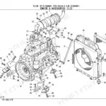 Takeuchi TL126 exploded view of engine, radiator, and mounting accessories with numbered parts list reference.