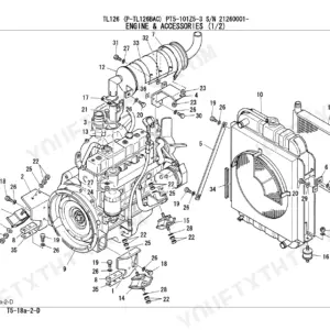Takeuchi TL126 exploded view of engine, radiator, and mounting accessories with numbered parts list reference.