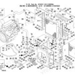 Takeuchi TL130 exploded view of engine cooling system, radiator, fan shroud, and hoses with numbered parts list references.