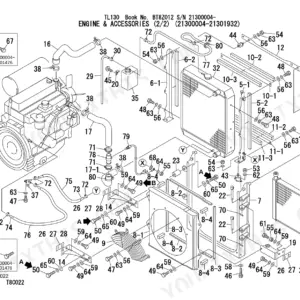 Takeuchi TL130 exploded view of engine cooling system, radiator, fan shroud, and hoses with numbered parts list references.